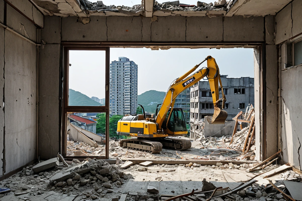 서울 동작구 대방동의 주거용 건물 철거 현장, 낡은 벽과 철거 중인 구조물이 놓인 콘크리트 바닥, 주변에 주택가의 풍경이 보이는 실내 철거 장면