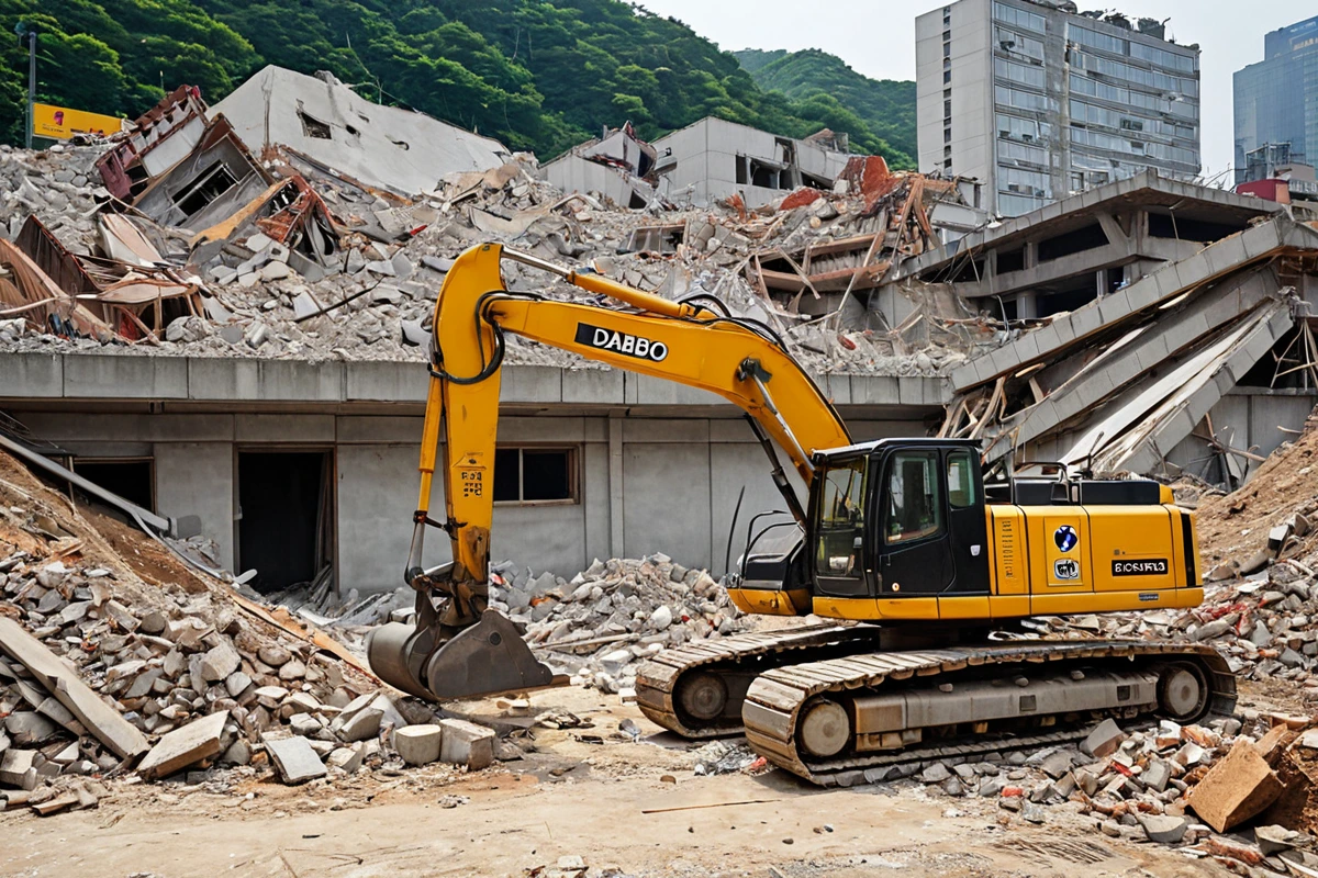 서울 동작구 대방동 지역에서 운영 중인 철거 업체의 현장에서 작업 중인 철거 장비와 함께 지역 내 철거 실적을 보여주는 표지판이 보이는 장면, 철거 작업의 정확성을 강조하는 공간