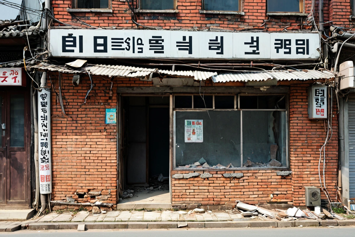 서울 동작구 봉천동의 오래된 주택 철거 현장, 낡은 벽과 철거 작업 중인 구조물이 보이는 장면. 피시방 간판이 남아 있는 건물의 전기 시설 철거 과정이 자연스럽게 드러나는 모습.