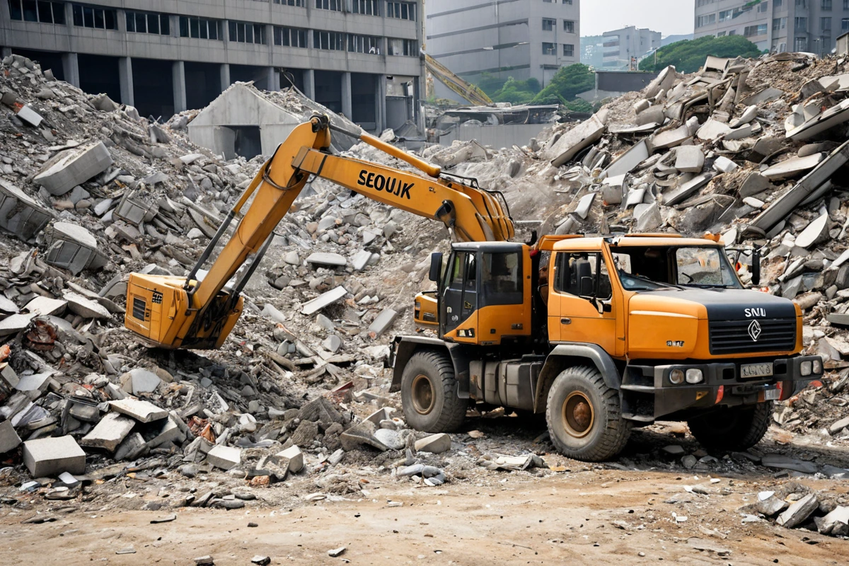 서울 동작구 봉천동 주택 철거 현장에서 폐기물 처리 차량이 주변의 철거 잔해를 수거하는 모습. 철거된 건물의 잔해가 쌓여 있고, 폐기물 처리 차량의 크레인으로 잔해가 들어가고 있는