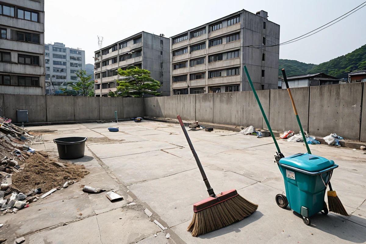 서울 동작구 봉천동 주택 철거 후 남은 잔여물과 청소 작업 중인 현장. 철거 잔해가 제거된 후 정리 중인 공간에서 청소 장비가 배치된 모습이 자연스럽게 포착되었습니다.