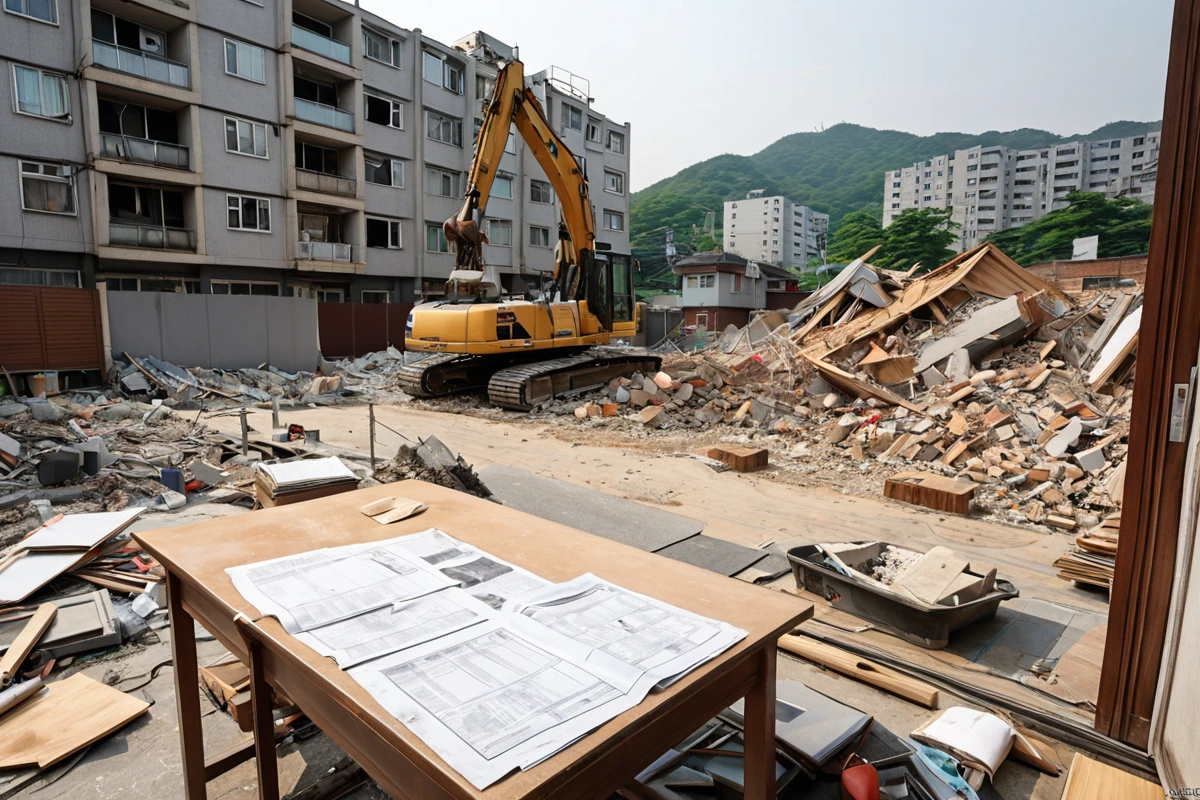 서울 동작구 사당동 주택 철거 전 주민과의 협의를 위한 철거 계획서와 함께 놓인 철거 장비, 주거 지역 특성에 맞춘 조용한 철거 작업 준비 모습