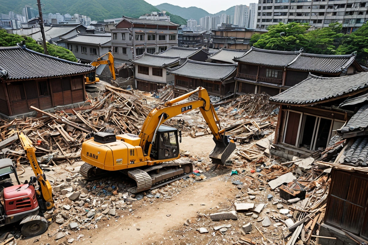 서울 동작구의 전통 주택 철거 현장, 주변에 철거 중인 건물의 잔해와 철거 장비가 정리된 공간. 건물 규모와 철거 방식에 따라 구분된 철거 비용을 나타내는 표시판 없이 자연스러운