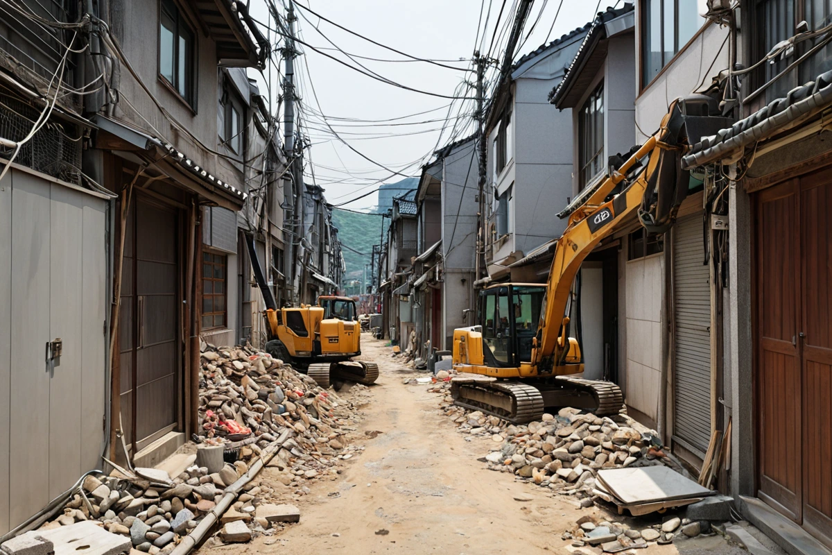 서울 둔촌동의 좁은 골목길에서 철거 작업을 위한 장비가 준비된 장면, 주변 건물과의 거리가 좁은 골목의 실제 모습을 보여주는 사진