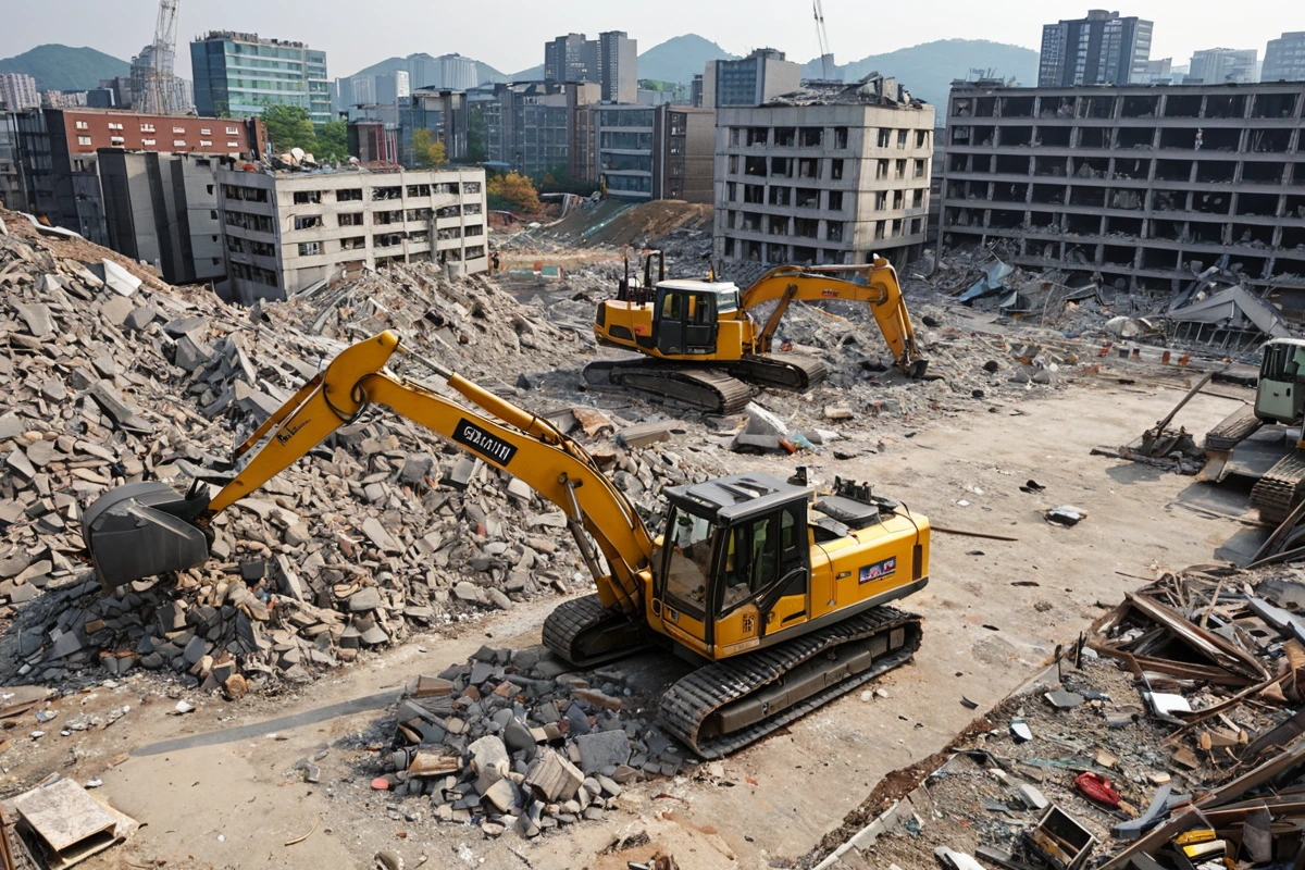 서울 등촌동 철거 작업 현장, 안전 기준을 충족한 장비와 철거된 건축 자재가 정리된 공간. 철거 업체의 표준 장비가 배치된 사실적인 현장 분위기.