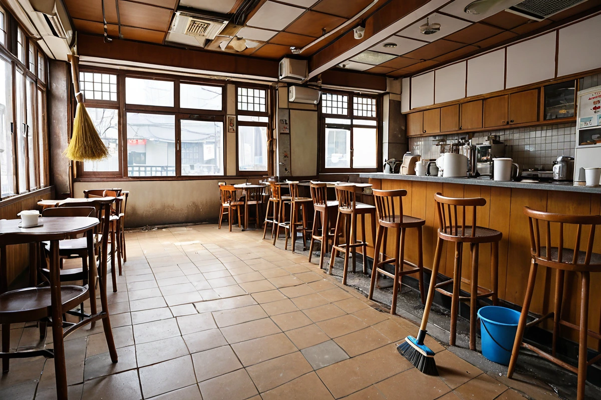서울 마곡동 카페 철거 후 청소 과정. 테이블과 의자, 음료 제조 장비 잔여물이 제거된 바닥과 벽면, 천장이 청결하게 정리된 모습. 카페 특유의 따뜻한 인테리어가 남은 공간에서 청