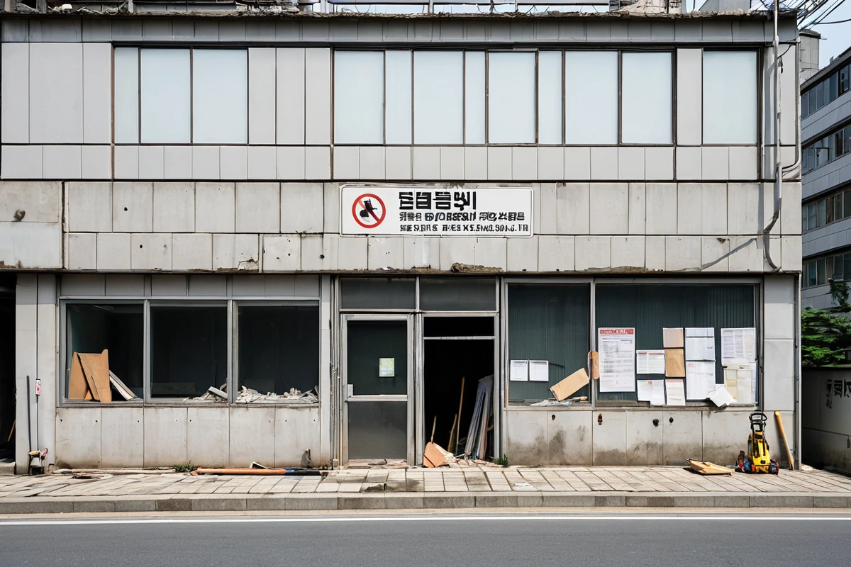 서울 마곡 지역 철거 업체의 사무실 외부, 철거 기술 인증서와 안전 기록이 보이는 간단한 표지판이 있는 건물 앞. 철거 장비가 정리되어 있는 주차 공간과 철거 관련 문서가 보이는