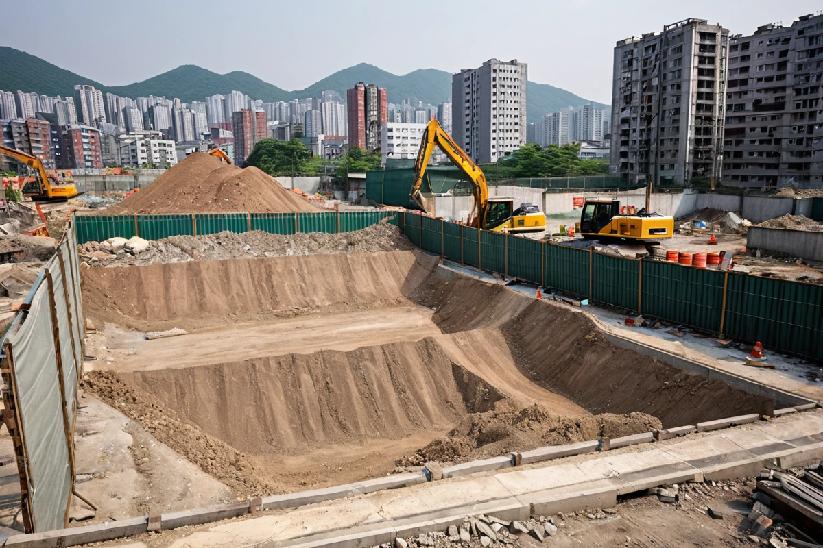 서울 마곡 지역 철거 현장 주변의 주거지역과 철거 장비가 먼지 차단 시스템으로 분리된 장면, 철거 과정에서 발생하는 먼지를 차단하는 철망과 소음 관리 장비가 설치된 실물 사진