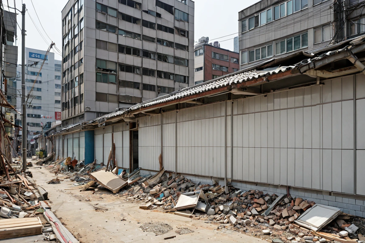 서울 마천동 상가 원상복구 과정에서 구조 변경이 이루어진 부분에 대한 정확한 복구 작업이 진행되고 있는 장면. 마감재 교체가 완료된 벽면과 철거 후 청소된 공간이 자연스럽게 조화를