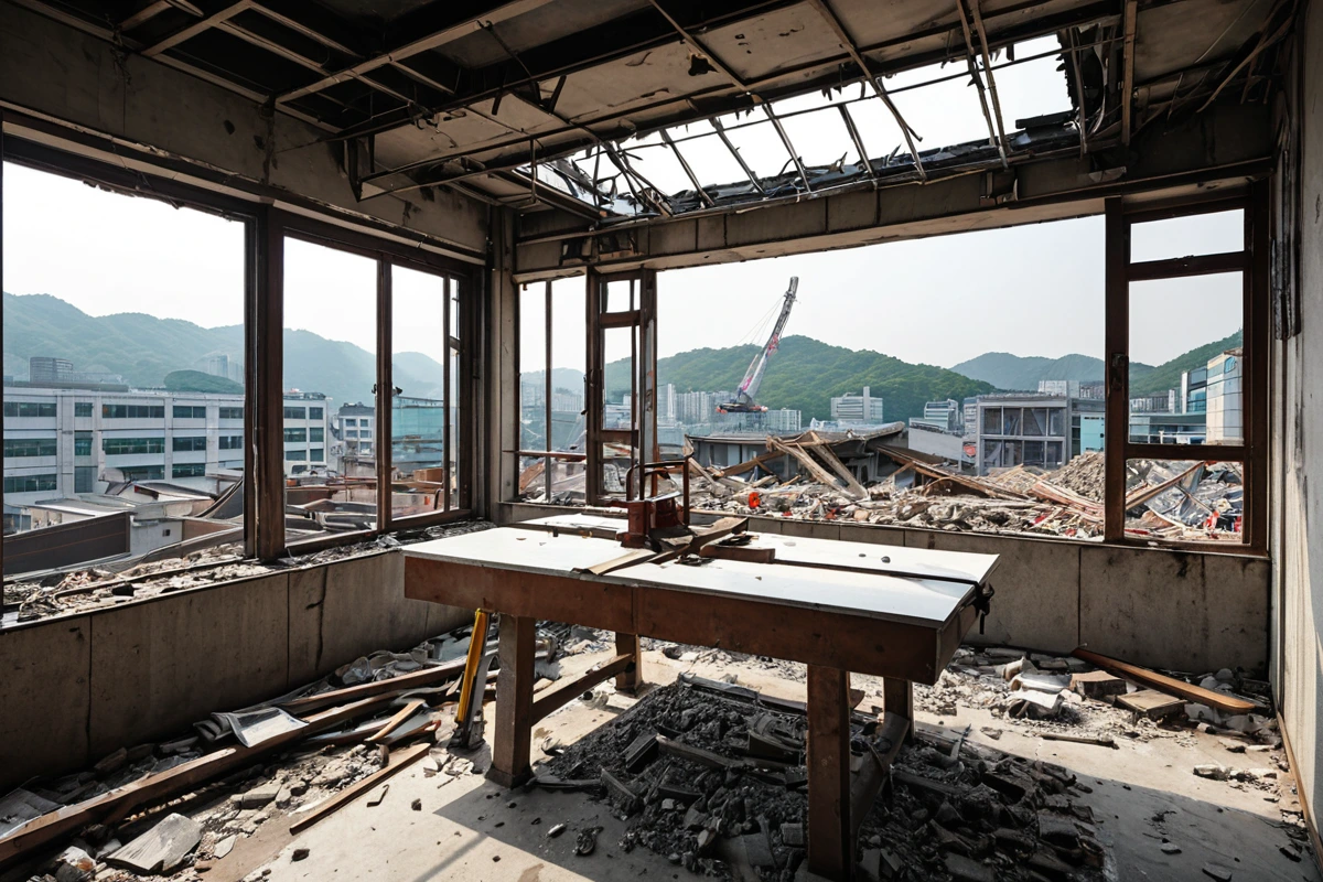 서울 마천동 식당 철거 현장, 철거 전 현장 조사용 측정기와 문서가 놓인 테이블 위에 구조물의 복합적 구조를 분석하는 렌즈가 위치한 모습. 건물 외부의 철거 구조물이 보이는 창가에