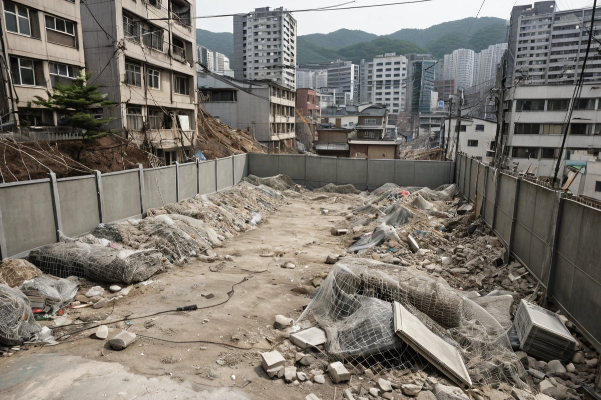 서울 마천동 주거 밀집지역에서 철거 공사 중 먼지 차단을 위한 철망과 비닐 천으로 둘러싸인 건물, 먼지가 차단된 철거 현장의 정확한 모습
