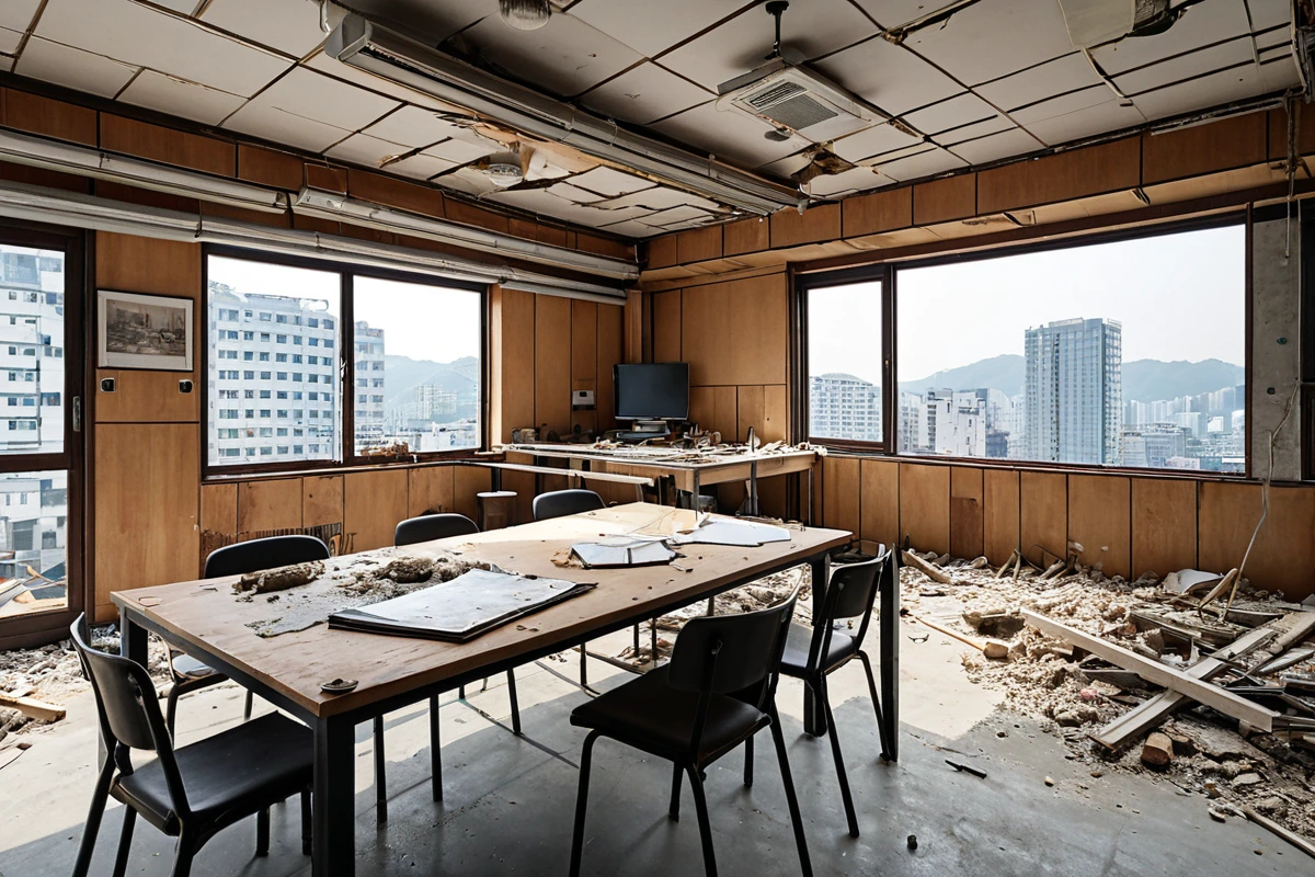 서울 마천동 지역의 식당 철거 비용 비교를 위한 표와 철거 전 현장 조사 결과가 놓인 테이블, 철거 과정에서 사용되는 장비와 구조물의 사진이 함께 배치된 사실적인 실내 장면.