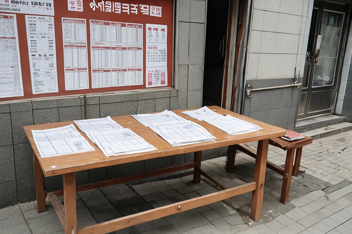 서울 마천동 지역의 철거 비용 비교 분석을 위한 표로 정리된 업체별 견적서와 1㎡당 비용을 나타내는 가격표가 놓인 테이블, 철거 비용 평균 5,000~10,000원을 나타내는 표시