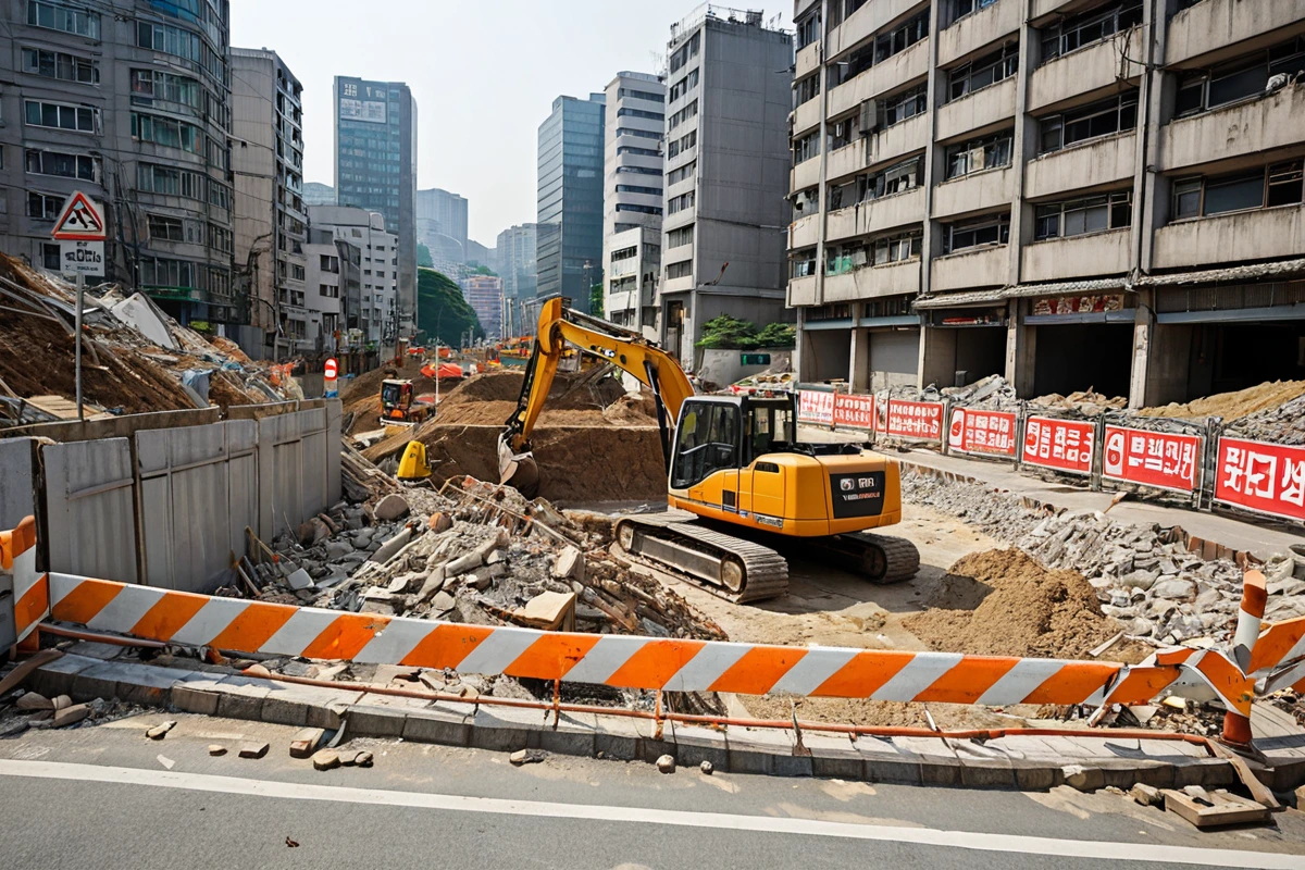 서울 마포구 공덕동 상가 철거 현장, 주변 건물과의 거리가 짧은 상황에서 보행자 안전을 위한 추가 보호 시설이 설치된 모습. 보호 울타리와 안전 표지판이 정확히 위치한 철거 현장의