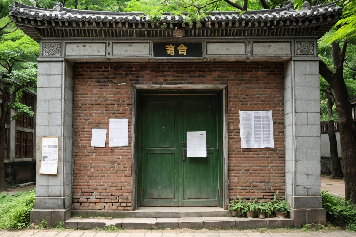 서울 마포구 공덕동의 오래된 학원 건물 외관, 역사적 건축물의 특징을 가진 회색 벽돌 건물, 철거 허가 공문서가 부착된 문 앞에 놓인 안내 표지판, 주변에는 나무가 우거진 공원이