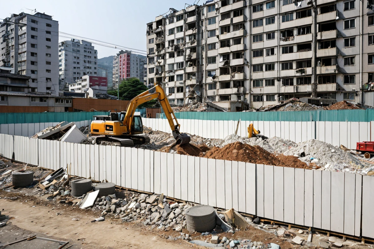서울 마포구 공덕동 주거 지역에서 철거 전용 소음 방지 펜스가 설치된 현장. 주변 건물과 조화를 이룬 흰색 방음재로 덮인 펜스가 철거 작업 중인 모습. 철거 장비가 정리된 채로 주