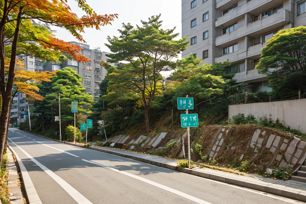 서울 마포구 공덕동 주거 지역의 아파트 단지와 철거 현장 사이에 설치된 소음 규제 안내 표지판, 주변에 조용한 주택가의 분위기를 강조하는 자연스러운 풍경, 철거 작업이 진행되지 않