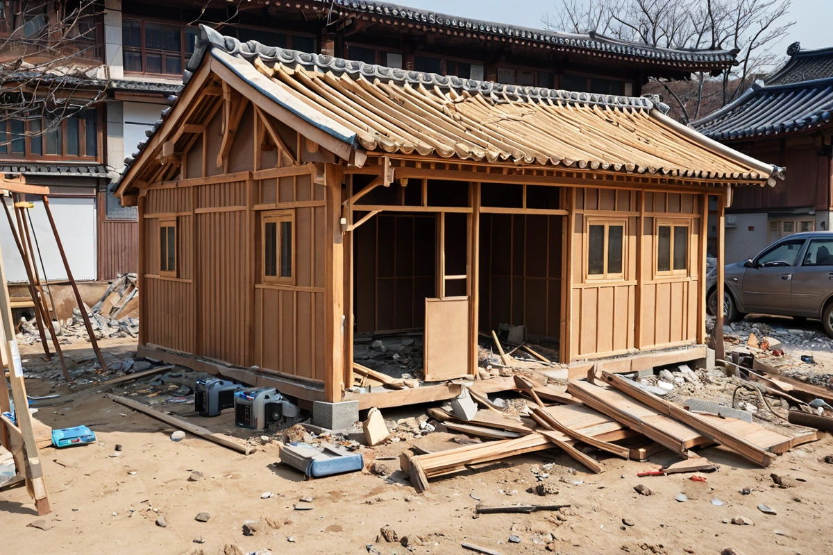 서울 마포구 대흥동의 소형 주택 철거 현장. 철거 중인 20평 미만의 목조 주택 외관과 주변에 놓인 측정 장비, 면적 측정을 위한 레이저 거리계가 세밀하게 묘사된 사실적인 장면.