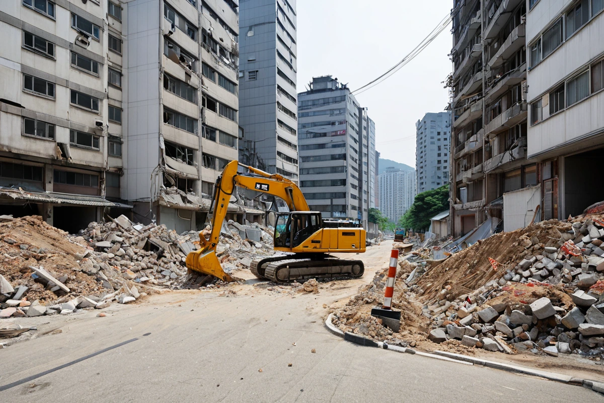 서울 마포구 대흥동의 주택 철거 현장 주변, 밀집된 건물과 도로가 보이는 평가 장면. 철거 작업을 위한 안전 울타리와 경계 표지가 설치된 공간에서 철거 장비가 준비된 모습.