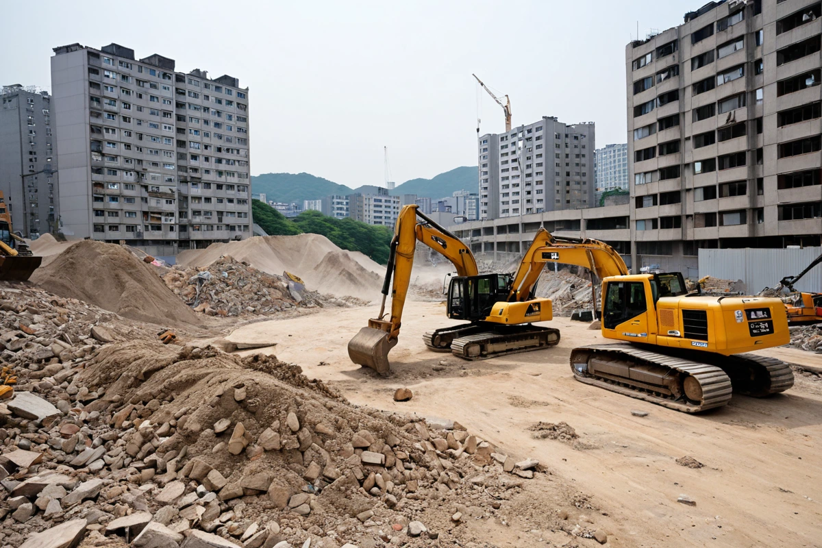 서울 마포구 대흥동 주거지 주변에서 철거 작업 중인 철거 장비와 주변 건물이 보이는 현장, 소음과 먼지를 방지하기 위한 철저한 방진막이 설치된 모습