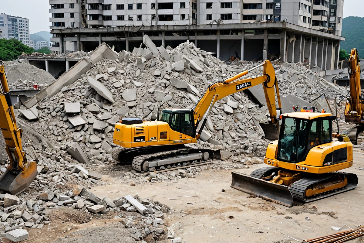 서울 마포구 대흥동 주택 철거 현장에서 수동 철거 작업을 위한 도구와 기계 철거 장비가 함께 배치된 장면. 철거 중인 구조물의 단면이 보이며, 철거 방법에 따른 비용 차이를 나타내