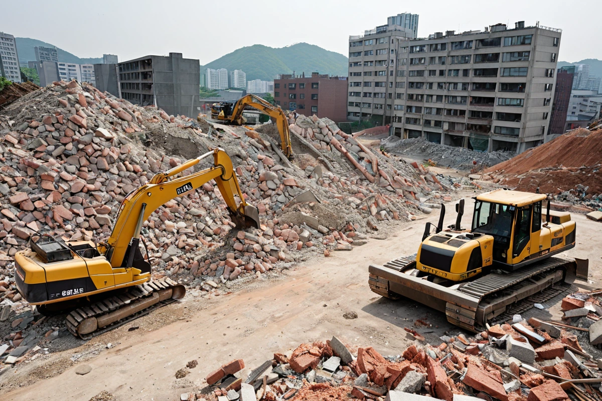 서울 마포구 도화동의 주택 철거 현장에서 구조물의 크기와 철거 방법에 따라 달라지는 작업비와 잔해 처리 과정을 보여주는 사진. 철거 중인 주택의 잔해와 전문 장비가 정리된 현장 배
