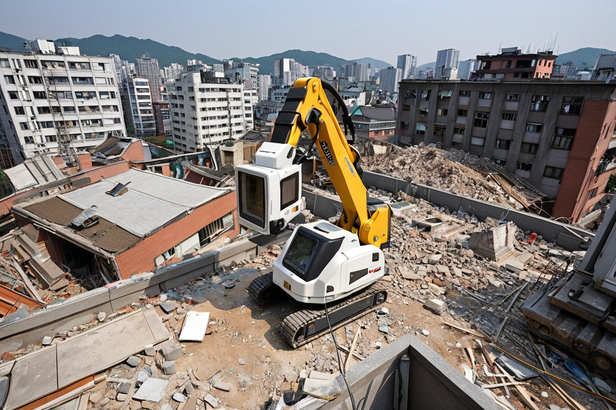 서울 마포구 도화동의 주택 철거 현장에서 철거 전 3단계 점검을 위한 전문 장비가 정리된 모습. 건물 외벽의 구조를 분석하는 레이저 스캐너와 현장 점검을 위한 측정 도구가 세심하게