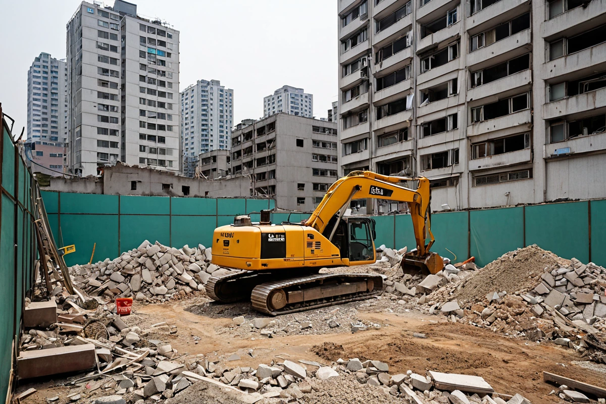 서울 마포구 도화동 주거 밀집 지역의 한 주택 철거 현장, 철거 작업 중인 장비가 주변 건물과의 거리를 조심스럽게 유지하며 소음과 진동 관리를 위한 방음막이 설치된 모습