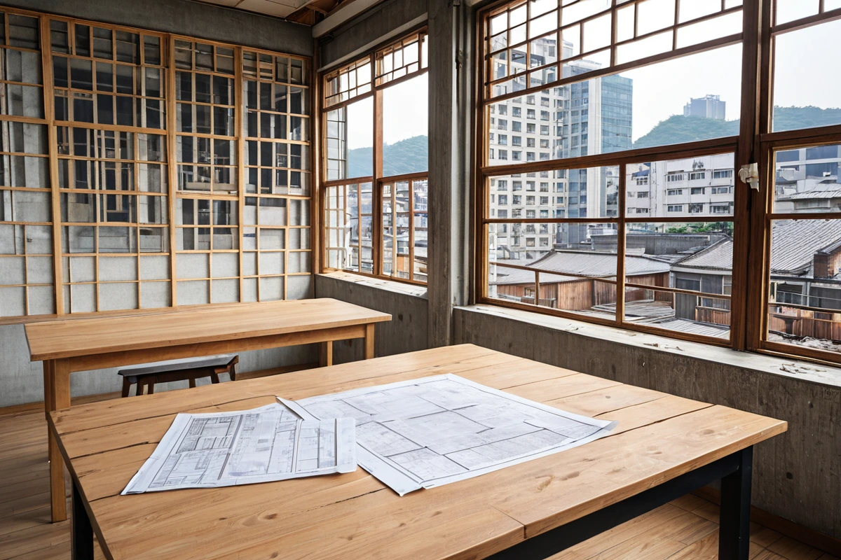 서울 마포구 도화동 주택 철거 견적서의 세부 항목을 확인하는 장면으로, 철거 비용 세부 항목이 명확히 표시된 종이 견적서와 건물 구조를 분석하는 도면이 테이블 위에 놓여 있다. 건