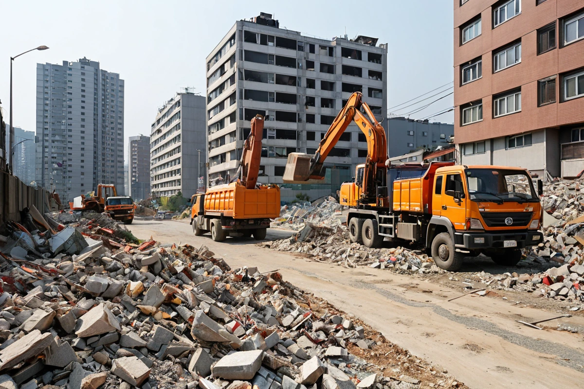서울 마포구 도화동 주택 철거 현장에서 잔해 처리 차량이 철거된 재료를 수거하는 모습, 주변 주거지와의 경계선에 소음 관리용 방음막이 설치된 상황