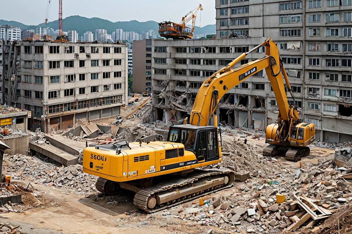 서울 마포구 도화동 철거 계획 수립을 위한 건물 구조 분석 도면과 주변 환경을 고려한 철거 방법 선택을 상징하는 철거 장비와 건물 외관이 조화롭게 배치된 사실적인 현장