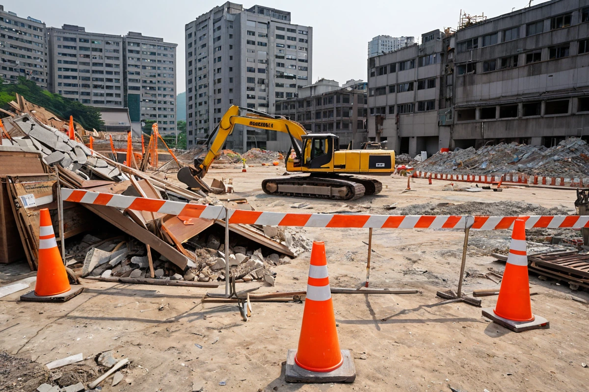 서울 마포구 망원동 상가 철거 전 인허가 절차를 확인하는 문서와 함께, 철거 현장의 안전 경계선이 잘 정리된 모습. 철거 장비가 철저히 정리되어 있고, 인허가 서류가 철거 현장의