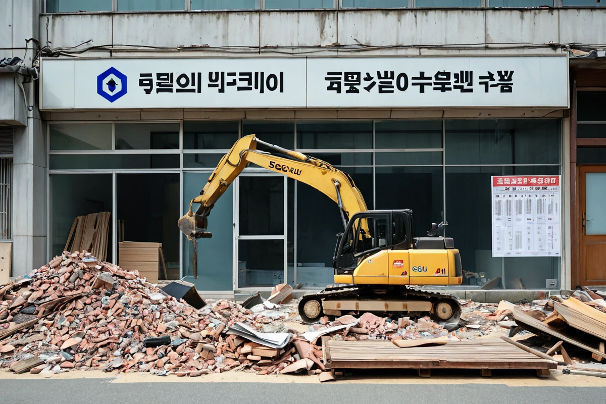 서울 마포구 망원동의 철거 업체 사무실 외관, 깨끗한 간판이 달린 건물 앞에 철거 장비가 정리된 모습. 철거 관련 문서가 테이블 위에 놓여 있는 상황.