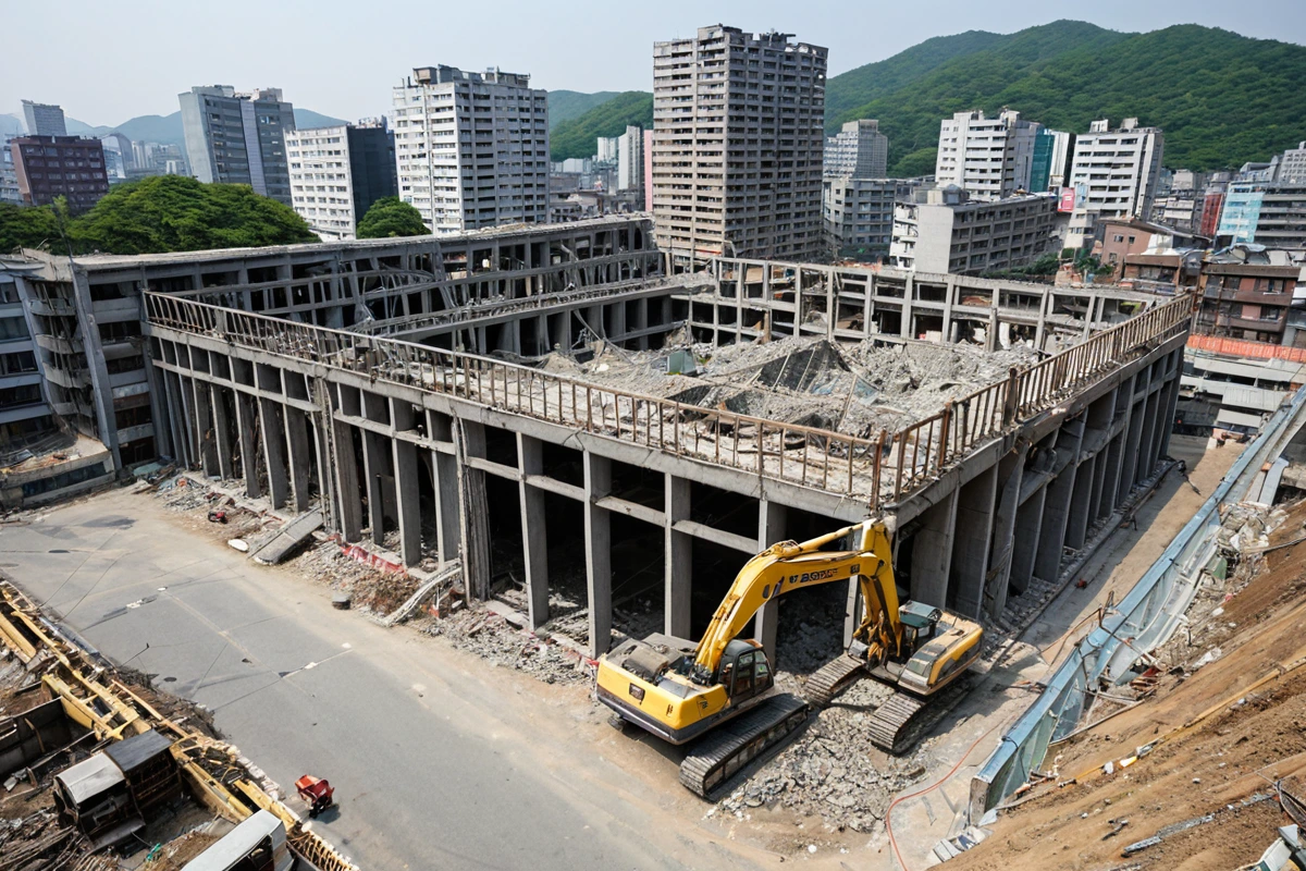서울 마포구 망원동의 철거 현장에서 콘크리트 구조물과 철골 구조물이 함께 보이는 장면. 철거 중인 건물의 구조물과 주변 접근로가 정확히 드러난 촬영 각도로, 철거 비용 산정 기준을
