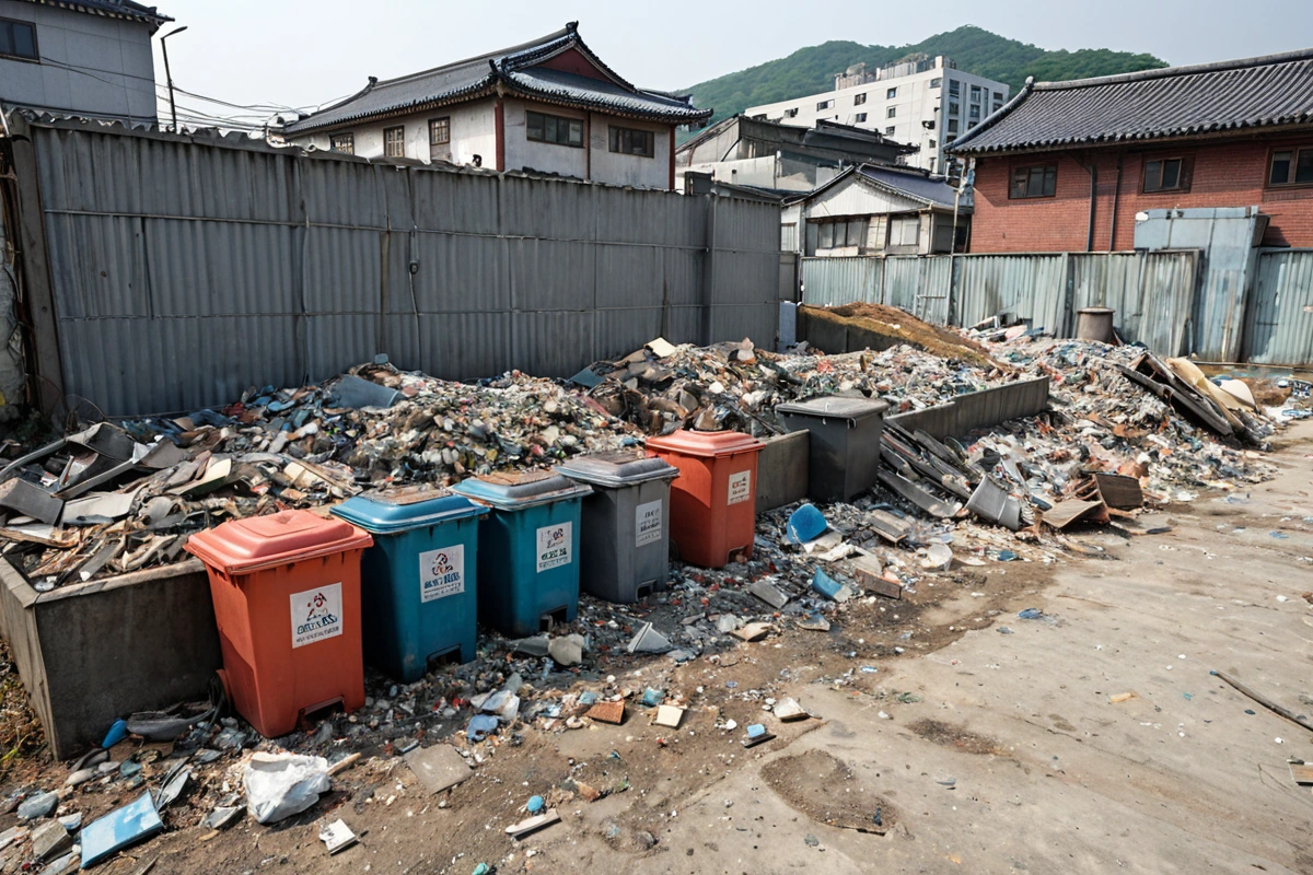 서울 마포구 봉천동 주택 철거 현장에서 철거된 나무와 금속 재료가 분리되어 정리된 모습. 납 기반 페인트가 칠해진 벽 조각과 폐기물 처리를 위한 특수 용기들이 배경에 배치되어 있습