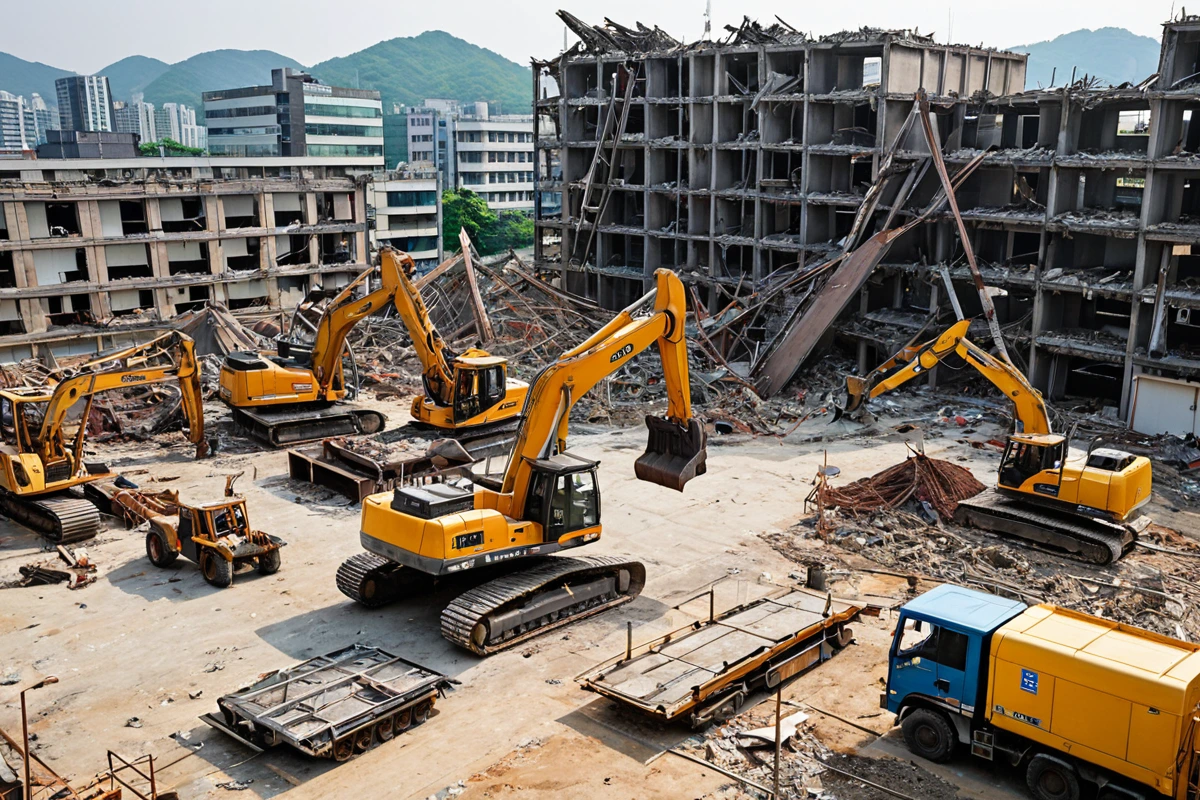 서울 마포 지역의 철거 현장에서 철골 구조물이 정리된 상태로, 철거 장비가 준비되어 있는 모습. 철거 작업을 위한 정확한 비용 계산을 위한 문서가 테이블 위에 놓여 있다.