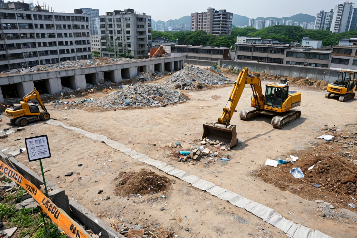 서울 망우동 철거 현장에서 철거 전 현장 조사 중인 장비와 문서가 놓인 공간, 주변 주민과의 소통을 위한 안내 표지판이 세워진 모습. 추가 비용 방지를 위한 철저한 안전 점검이 이