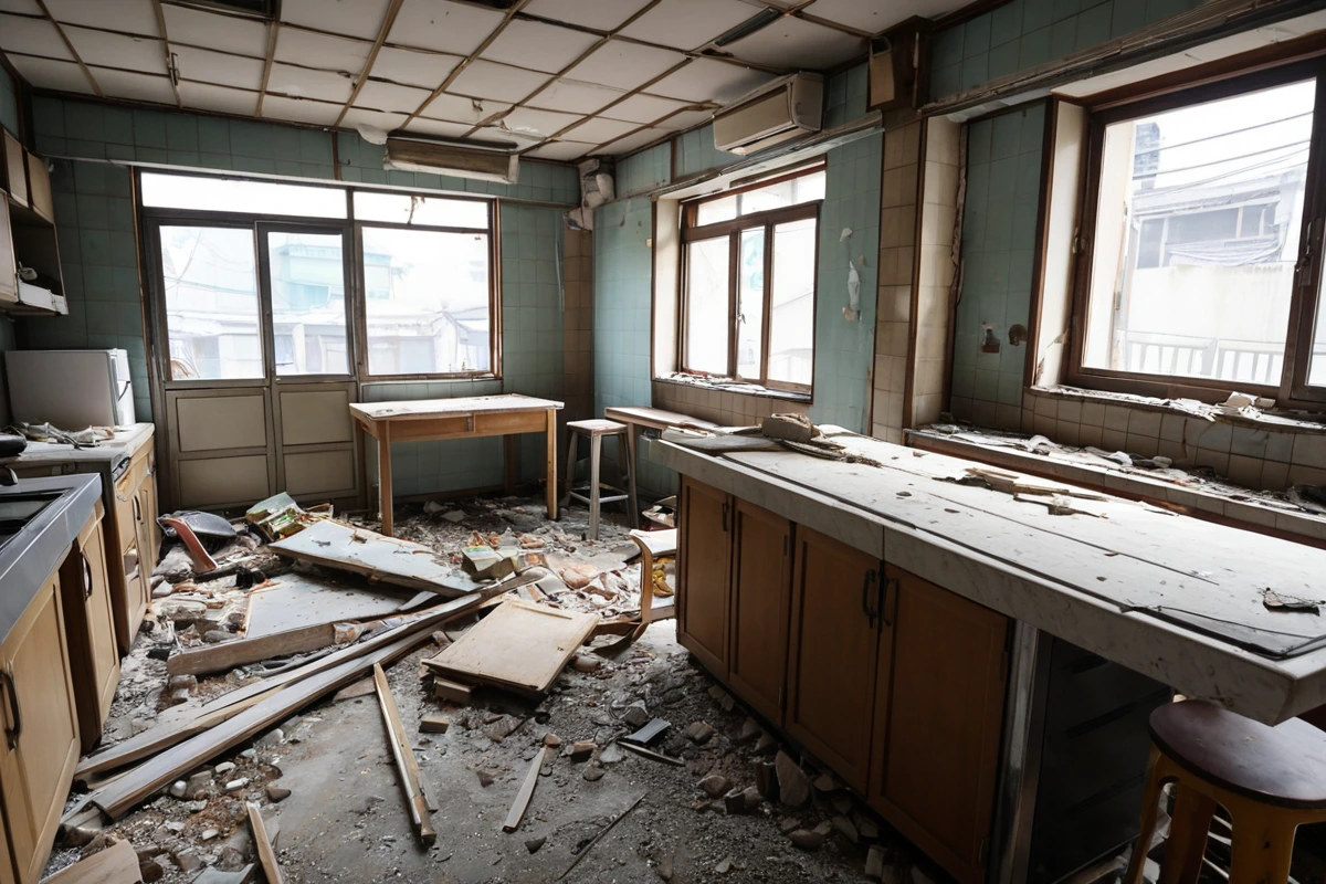서울 망우동 카페 내부에서 조리대와 냉장고, 테이블이 철거 중인 장면. 철거 작업 중인 장비가 철거된 가구를 옮기고 있는 자연스러운 모습.