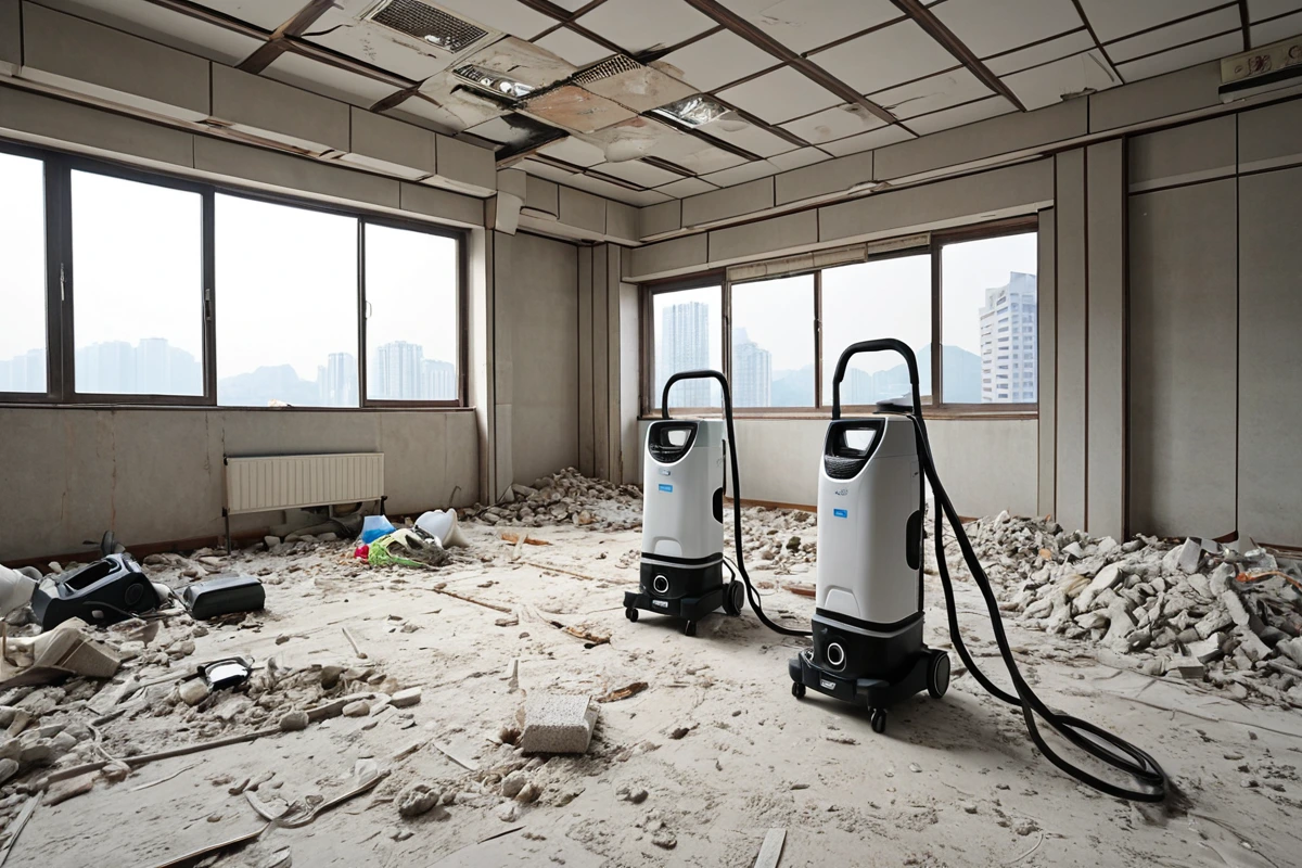 서울 망원동 내부 철거 후 청소가 완료된 공간에서 미세먼지 제거를 위한 전문 공기 청정기와 청소 도구가 정리된 장면, 청소 작업 후 깨끗한 바닥과 청결한 환경이 강조된 실물 사진