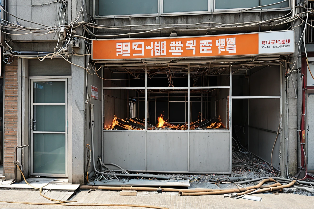 서울 망원동 상업지역의 매장 철거 현장, 내부 전기·가스 시스템과 소방 설비가 복잡하게 연결된 구조물이 보이며, 철거 작업을 위한 정확한 점검이 진행 중인 모습
