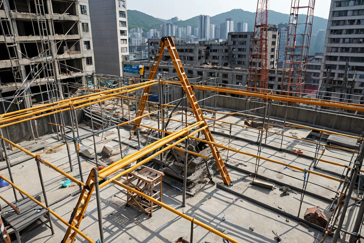 서울 망원동 철거 현장의 안전 점검을 위한 장비가 준비된 모습. 건물 구조가 불안정한 상태에서 추가 안전 조치를 위한 현장 점검 장면을 자연스럽게 보여주는 사진.