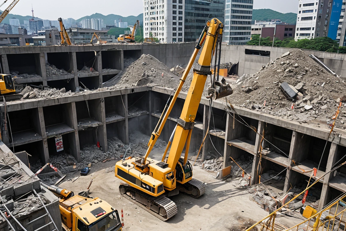 서울 면목동 상가 건물 철거 현장에서 구조물이 철거 중인 모습, 철거 작업 중인 장비가 구조물 주변에 둘러싸인 채 정확하게 철거되고 있는 상황, 철거물이 철거 장비 아래로 떨어지는