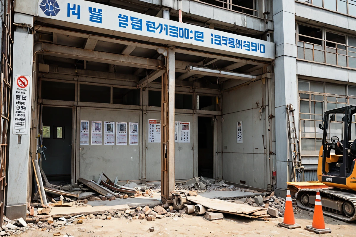서울 명일 지역의 건물 철거 전 사전 점검 장면. 건물 외벽에 철거 전문가가 작성한 점검 표지판이 부착되어 있고, 철거 장비가 철저히 정리된 현장에서 건물 구조를 확인하는 모습.