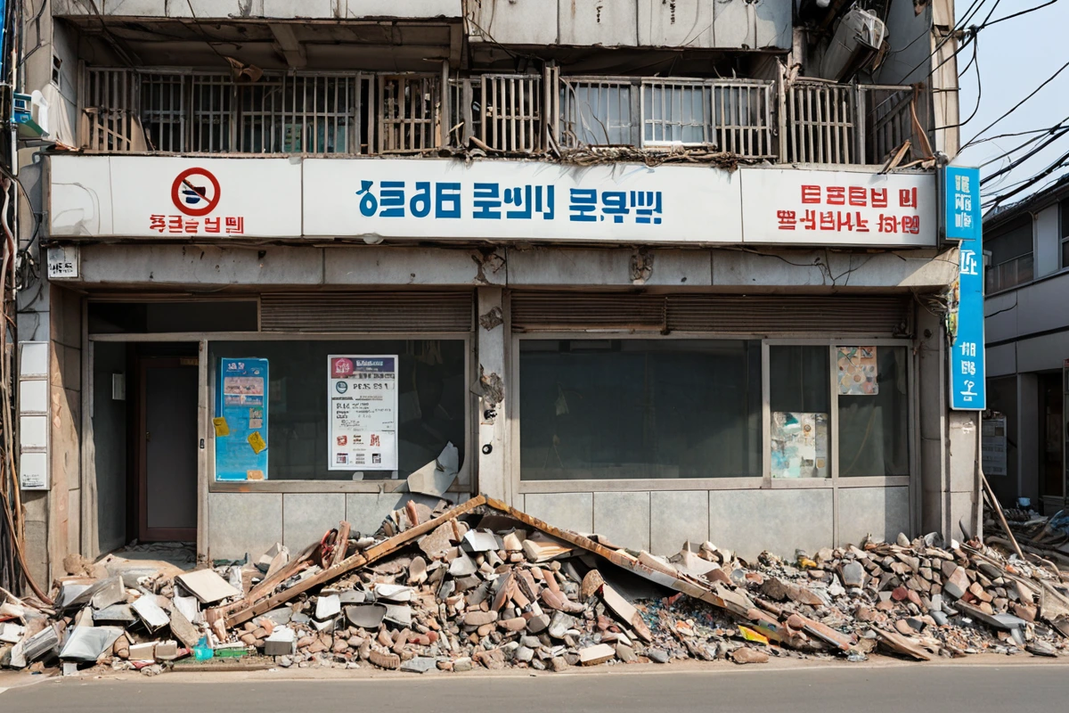 서울 목동의 피시방 철거 현장, 외부 벽면에 '폐기물 처리 준수' 표시가 있는 철거 중인 건물, 철거 장비가 정리된 공간, 도시 개발 구역의 엄격한 환경 규제를 반영한 사실적인 장