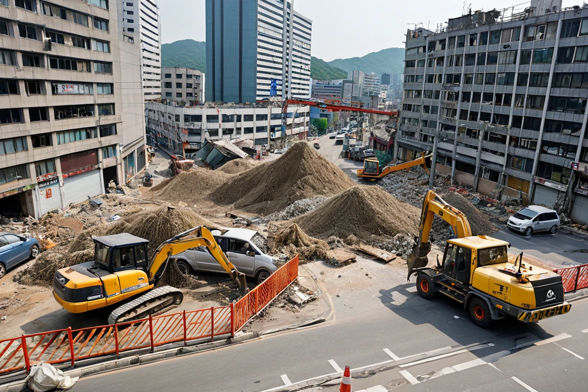 서울 무악동 도심 지역의 상업 건물 철거 현장, 건물 외벽에 철거 작업 중인 안전망이 설치되어 있고 주변 도로에 교통 정체가 발생한 모습, 철거 장비가 정리된 채로 주변 상업 시설