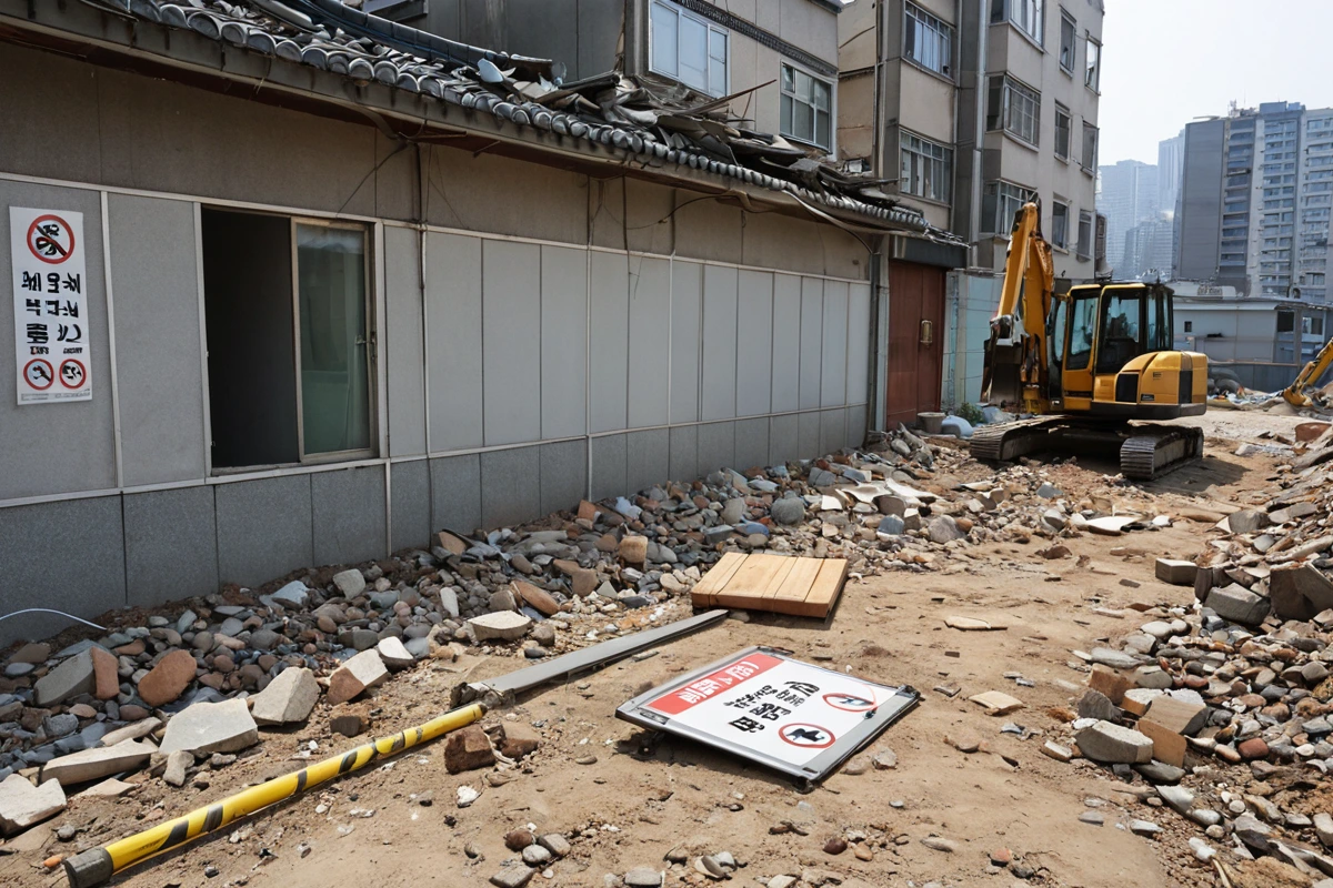 서울 묵동 지역의 주택 철거 현장에서 전문가들이 현장 점검을 진행하는 모습. 건물 외벽에 철거 전 상태를 확인하는 표시판이 보이고, 휴대용 점검 도구가 놓여 있는 자연스러운 현장