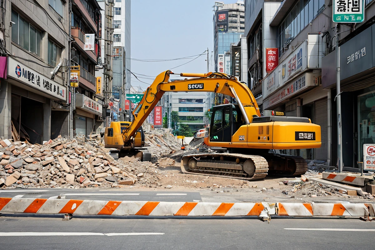 서울 문래동 상가 근처에서 철거 작업 중인 중장비가 정차해 있는 모습. 주변 상가 간판과 도로 표지가 보이며, 철거 현장 경계선이 흐릿하게 보이는 도심 내 철거 현장