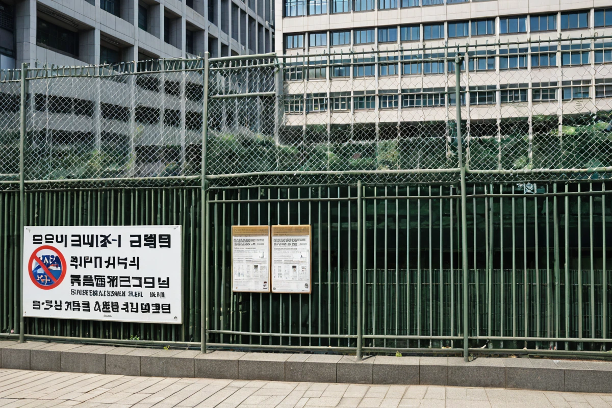 서울 문래동의 도시 풍경에서 철거 작업 전 신고 절차를 위한 관할청 건물 앞에 설치된 철거 작업 안내 표지판과, 철거 업체가 준비한 소음 관리 펜스가 정리되어 있는 모습. 건물 외