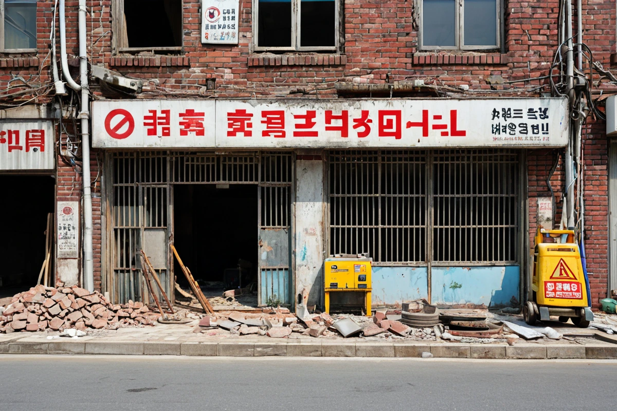 서울 문래동의 오래된 상가 건물 외부에서 철거 작업을 준비하는 모습. 건물 벽면에 '폐업 철거 중' 표지판이 붙어 있고, 현장에 철거 장비가 준비된 채로 정리된 상태.
