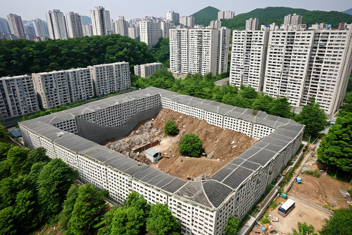 서울 문래동 주거 밀집 지역의 아파트 단지와 주변 공원, 소음 차단 시설이 잘 보이는 철거 현장. 주변 건물과의 거리가 좁은 곳에서 환경 규제에 맞춰 설치된 대기 오염 방지용 철망